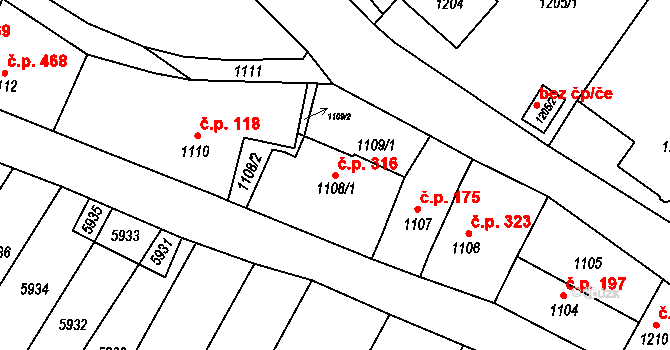 Konice 316 na parcele st. 1108/1 v KÚ Konice, Katastrální mapa