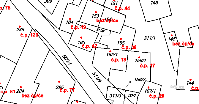 Tvorovice 18 na parcele st. 162/1 v KÚ Tvorovice, Katastrální mapa