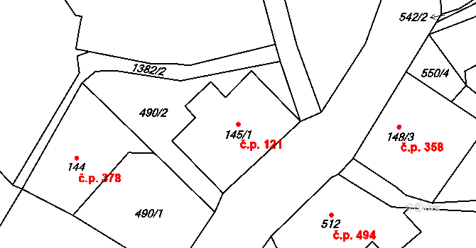 Janov nad Nisou 121 na parcele st. 145/1 v KÚ Janov nad Nisou, Katastrální mapa