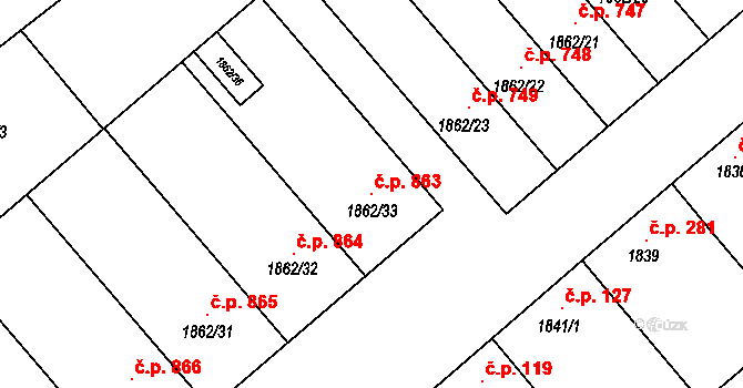 Šardice 863 na parcele st. 1862/33 v KÚ Šardice, Katastrální mapa