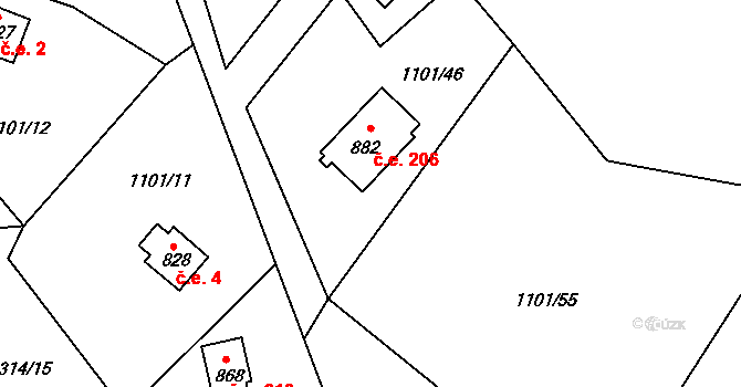 Dolní Lomná 206 na parcele st. 882 v KÚ Dolní Lomná, Katastrální mapa