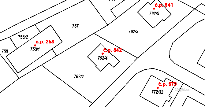 Fryčovice 542 na parcele st. 762/4 v KÚ Fryčovice, Katastrální mapa