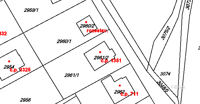 Úvaly 1351 na parcele st. 2961/2 v KÚ Úvaly u Prahy, Katastrální mapa