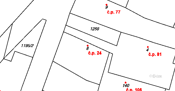 Běchary 24 na parcele st. 8 v KÚ Běchary, Katastrální mapa