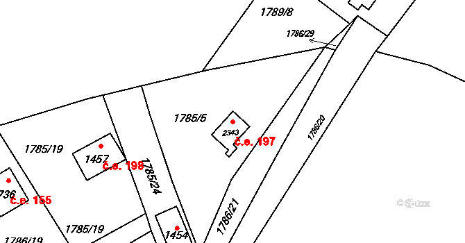 Rožnov pod Radhoštěm 197 na parcele st. 2343 v KÚ Rožnov pod Radhoštěm, Katastrální mapa