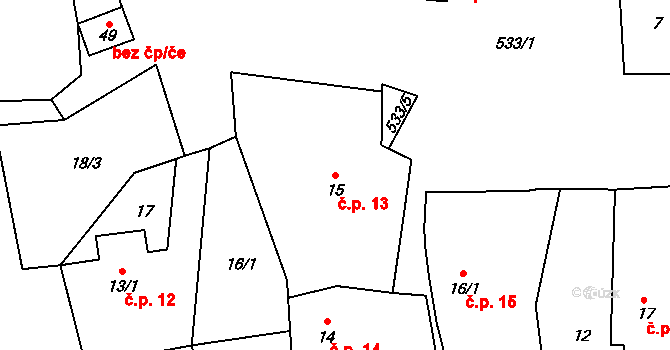 Čábuze 13, Vacov na parcele st. 15 v KÚ Čábuze, Katastrální mapa