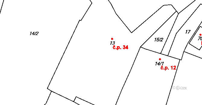 Svépravice 34 na parcele st. 13 v KÚ Svépravice, Katastrální mapa
