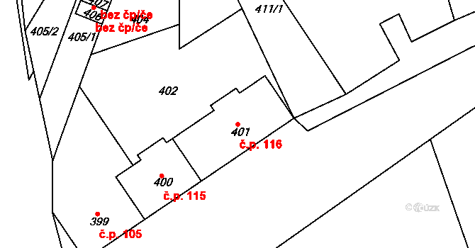 Hudcov 116, Teplice na parcele st. 401 v KÚ Hudcov, Katastrální mapa
