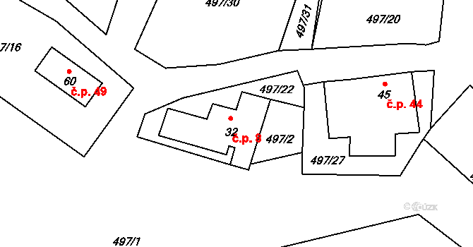 Kamenný Malíkov 8 na parcele st. 32 v KÚ Kamenný Malíkov, Katastrální mapa