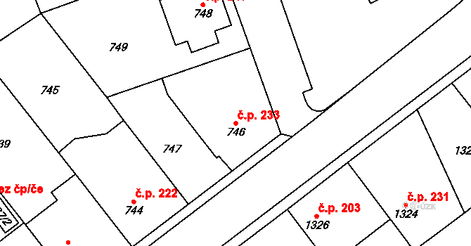 Dubeč 233, Praha na parcele st. 746 v KÚ Dubeč, Katastrální mapa