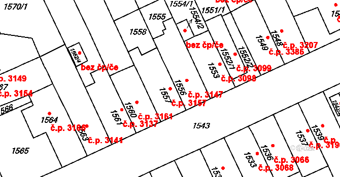 Chomutov 3157 na parcele st. 1557 v KÚ Chomutov II, Katastrální mapa