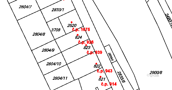 Rosice 939 na parcele st. 823 v KÚ Rosice u Brna, Katastrální mapa