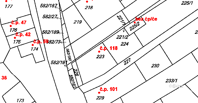 Hlína 118 na parcele st. 223 v KÚ Hlína u Ivančic, Katastrální mapa