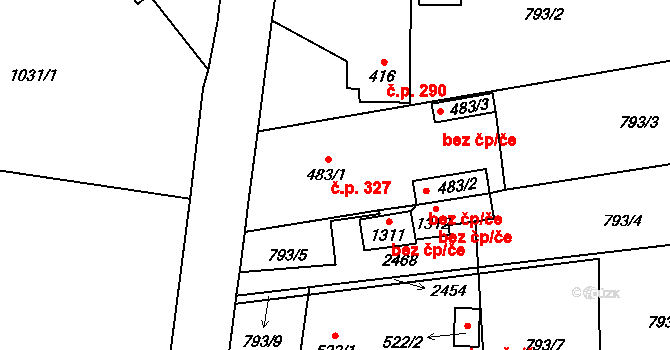 Mirošov 327 na parcele st. 483/1 v KÚ Mirošov, Katastrální mapa