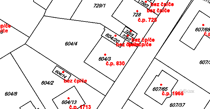 Bolevec 830, Plzeň na parcele st. 604/3 v KÚ Bolevec, Katastrální mapa