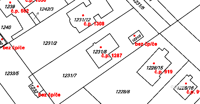 Uhříněves 1287, Praha na parcele st. 1231/8 v KÚ Uhříněves, Katastrální mapa