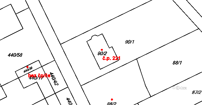 Uhřičice 221 na parcele st. 90/2 v KÚ Uhřičice, Katastrální mapa