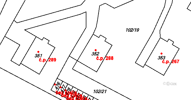 Želetava 288 na parcele st. 352 v KÚ Želetava, Katastrální mapa