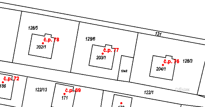 Petroupim 77 na parcele st. 203/1 v KÚ Petroupim, Katastrální mapa