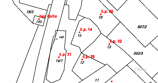 Krásněves 14 na parcele st. 15 v KÚ Krásněves, Katastrální mapa