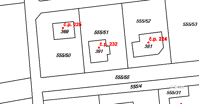 Krušovice 232 na parcele st. 391 v KÚ Krušovice, Katastrální mapa