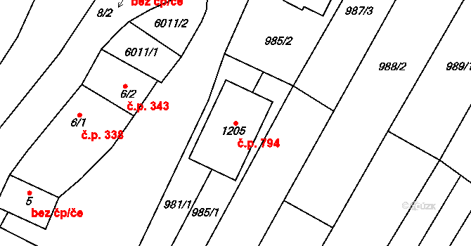 Polešovice 794 na parcele st. 1205 v KÚ Polešovice, Katastrální mapa