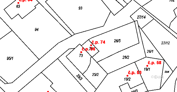 Chvatěruby 74 na parcele st. 79 v KÚ Chvatěruby, Katastrální mapa
