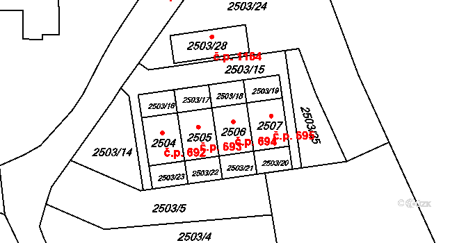 Dobřichovice 694 na parcele st. 2506 v KÚ Dobřichovice, Katastrální mapa