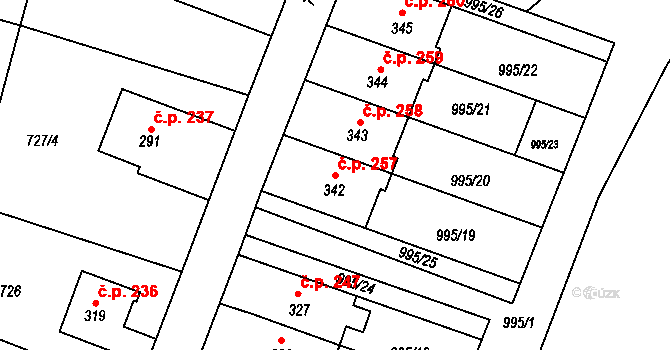 Velký Dřevíč 257, Hronov na parcele st. 342 v KÚ Velký Dřevíč, Katastrální mapa