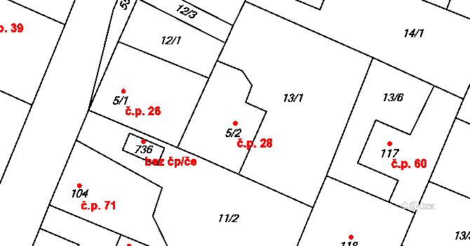 Trnová 28, Pardubice na parcele st. 5/2 v KÚ Trnová, Katastrální mapa