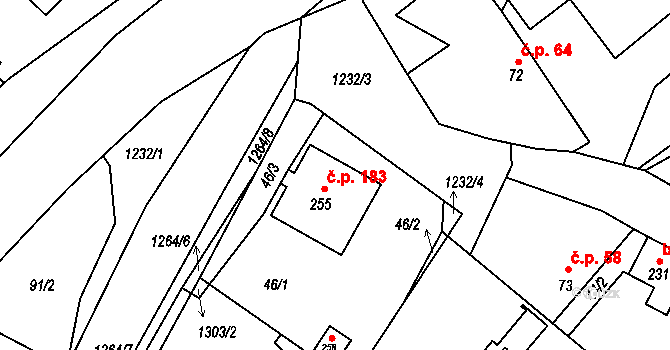 Hřivice 183 na parcele st. 255 v KÚ Hřivice, Katastrální mapa