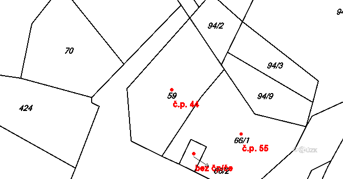 Podmoklany 44 na parcele st. 59 v KÚ Podmoklany, Katastrální mapa