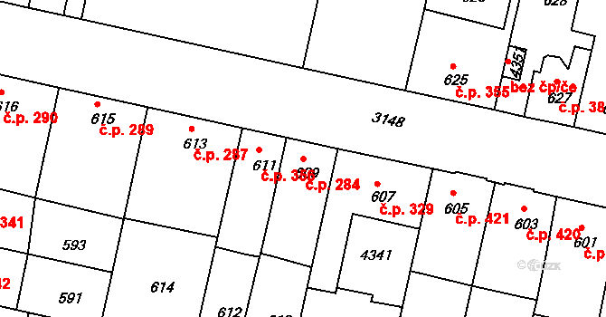 Čelákovice 284 na parcele st. 609 v KÚ Čelákovice, Katastrální mapa