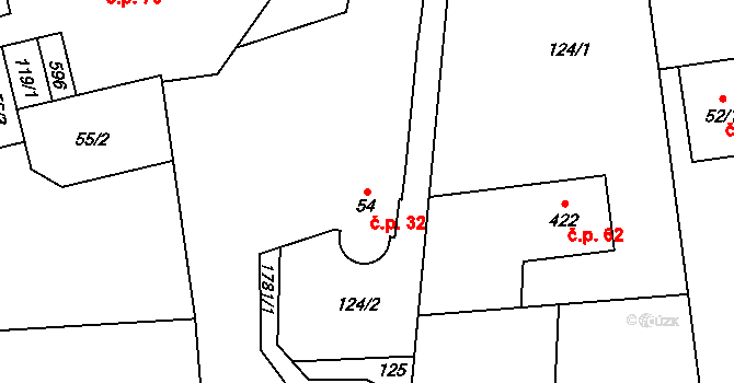 Bratronice 32 na parcele st. 54 v KÚ Bratronice u Kladna, Katastrální mapa