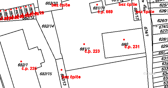 Hrušovany u Brna 223 na parcele st. 681/1 v KÚ Hrušovany u Brna, Katastrální mapa