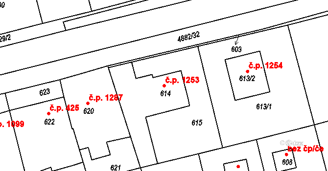 Bzenec 1253 na parcele st. 614 v KÚ Bzenec, Katastrální mapa