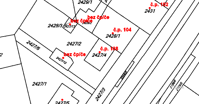 Nouzka 108, Vyškov na parcele st. 2427/4 v KÚ Vyškov, Katastrální mapa
