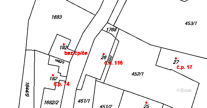 Rychaltice 116, Hukvaldy na parcele st. 26 v KÚ Rychaltice, Katastrální mapa