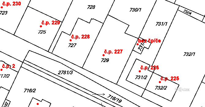 Dačice V 227, Dačice na parcele st. 729 v KÚ Dačice, Katastrální mapa