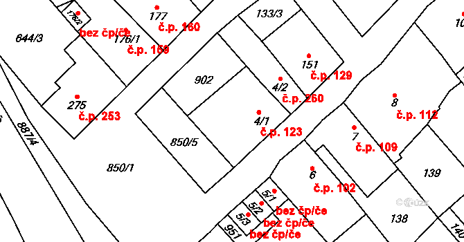 Hrob 123 na parcele st. 4/1 v KÚ Hrob, Katastrální mapa