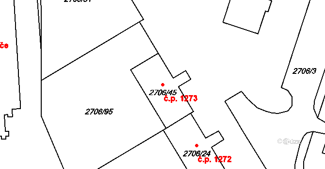 Hulín 1273 na parcele st. 2706/45 v KÚ Hulín, Katastrální mapa