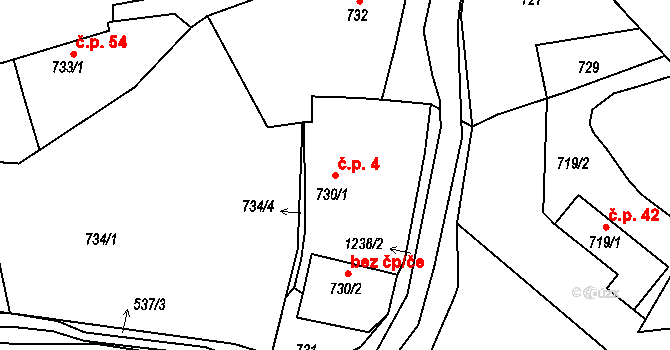 Krasetín 4, Holubov na parcele st. 730/1 v KÚ Holubov, Katastrální mapa