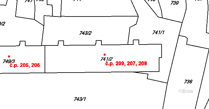Březnice 207,208,209 na parcele st. 741/2 v KÚ Březnice, Katastrální mapa