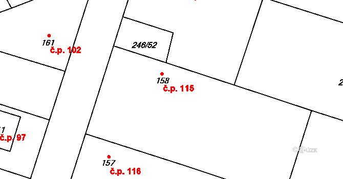 Žlunice 115 na parcele st. 158 v KÚ Žlunice, Katastrální mapa