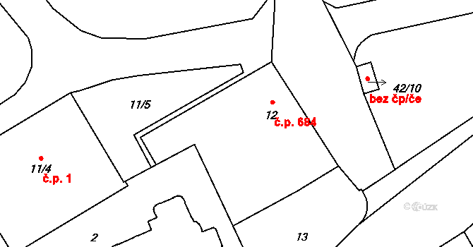 Uhříněves 684, Praha na parcele st. 12 v KÚ Uhříněves, Katastrální mapa