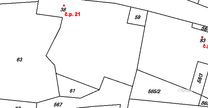 Dlouhá Lhota 21 na parcele st. 38 v KÚ Dlouhá Lhota u Dobříše, Katastrální mapa