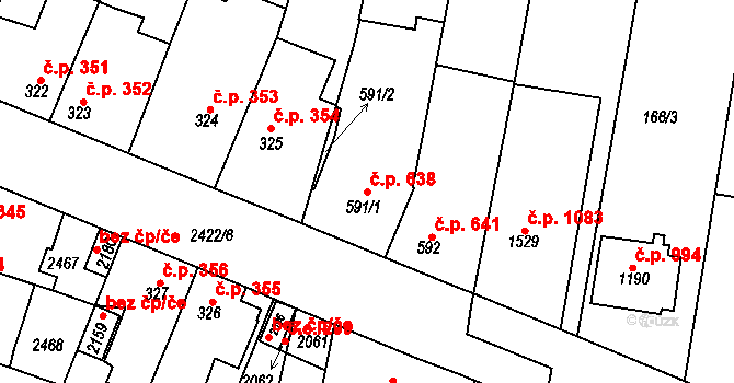 Rosice 638 na parcele st. 591/1 v KÚ Rosice u Brna, Katastrální mapa