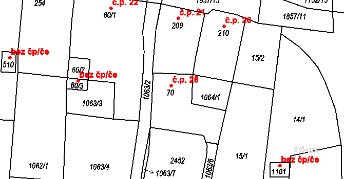 Mirošov 25 na parcele st. 70 v KÚ Mirošov, Katastrální mapa