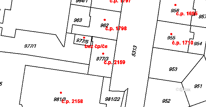 Východní Předměstí 2159, Plzeň na parcele st. 977/3 v KÚ Plzeň, Katastrální mapa