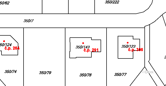 Červený Hrádek 291, Plzeň na parcele st. 350/143 v KÚ Červený Hrádek u Plzně, Katastrální mapa